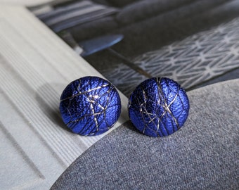 Blue Mesh Button Stud Earrings, Hypoallergenic Fabric Earrings