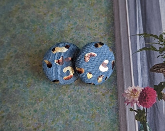 Blue Fabric Button Earrings: Gold Pattern Studs, Lightweight