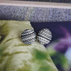 Handmade Black & White Striped Fabric Button Earrings: Hypoallergenic 16mm
