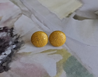 Yellow Fabric Button Stud Earrings: Hypoallergenic Surgical Steel