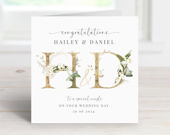 Personalised Wedding Day Card with Newly Married Couple's Names, the Wedding Couple's Initials, Marriage Date and White Flowers