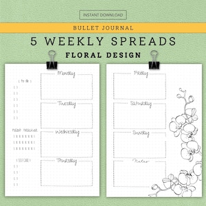 5 WEEKLY SPREADS for Bullet Journal Kit, 2021, Bujo Starter Kit, Printable Bullet Journal Templates, Planner Insert Refill page