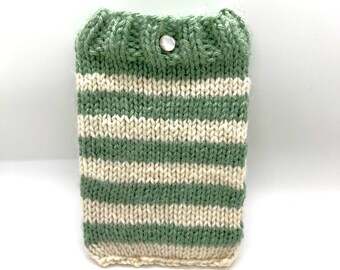 May include: A green and white striped knitted phone case with a button closure.