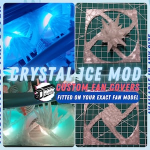 May include: A close-up of two custom-made, magnetic, crystal ice fan covers. The covers are made of clear plastic and have a frosted finish. The covers are illuminated with blue LED lights. The text "CRYSTALICE MOD CUSTOM FAN COVERS FITTED ON YOUR EXACT FAN MODEL" is visible in the image.