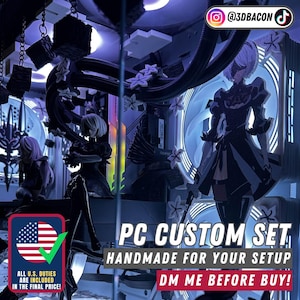 Könnte beinhalten: Benutzerdefinierter PC-Aufbau mit Figuren im Anime-Stil und dekorativen Elementen. Das PC-Gehäuse ist mit blauer und violetter Beleuchtung beleuchtet. Der Text auf dem Bild lautet "PC CUSTOM SET HANDMADE FOR YOUR SETUP DM ME BEFORE BUY!" und "ALL U.S. DUTIES ARE INCLUDED IN THE FINAL PRICE!"
