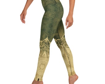 High Waist Yoga Leggings - Tibet, green mandala