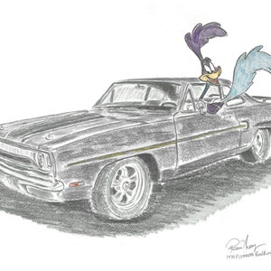 1970 Plymouth Road Runner w/ Cartoon (color) and Black and White Car