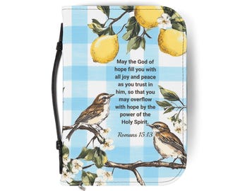 Funda para Biblia Limones y Pájaros Cantores / Versículo bíblico Romanos 15:13, Regalo para ella, Nueva creyente