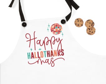 Grappig Happy HalloThanksMas schort - Thanksgiving, Kerstmis, Halloween, feestelijk kookschort, keukenschort, feestelijk cadeau voor koks