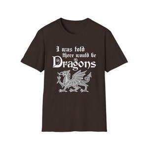 May include: A brown t-shirt with a white graphic that says "I was told there would be Dragons" with a white dragon illustration.