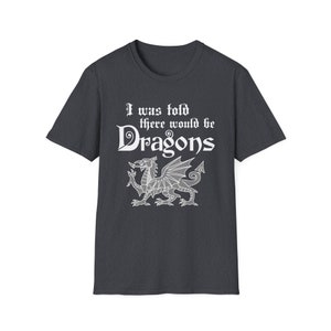May include: A dark heather grey t-shirt with a white graphic of a dragon and the text "I was told there would be Dragons".