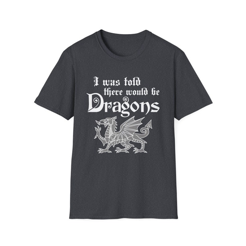 May include: A dark heather grey t-shirt with a white graphic of a dragon and the text "I was told there would be Dragons".