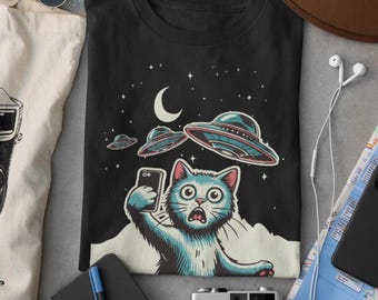 T-shirt Humour Chat Alien - Cadeau Fan De Science-fiction - 100% Coton - Tailles S à 3XL - Personnalisable