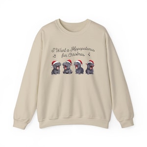 Moletom de hipopótamo de Natal, suéter engraçado de gola redonda para o feriado, presente fofo de Natal, roupa de inverno unissex, presente de amigo secreto