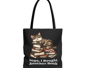 Bolso de mano negro con estampado de gato gracioso y libros. ¡Ups, compré otro libro! Regalos para amantes de la lectura y la biblioteca. Bolso de hombro para amantes de los libros. Para amantes de los gatos.