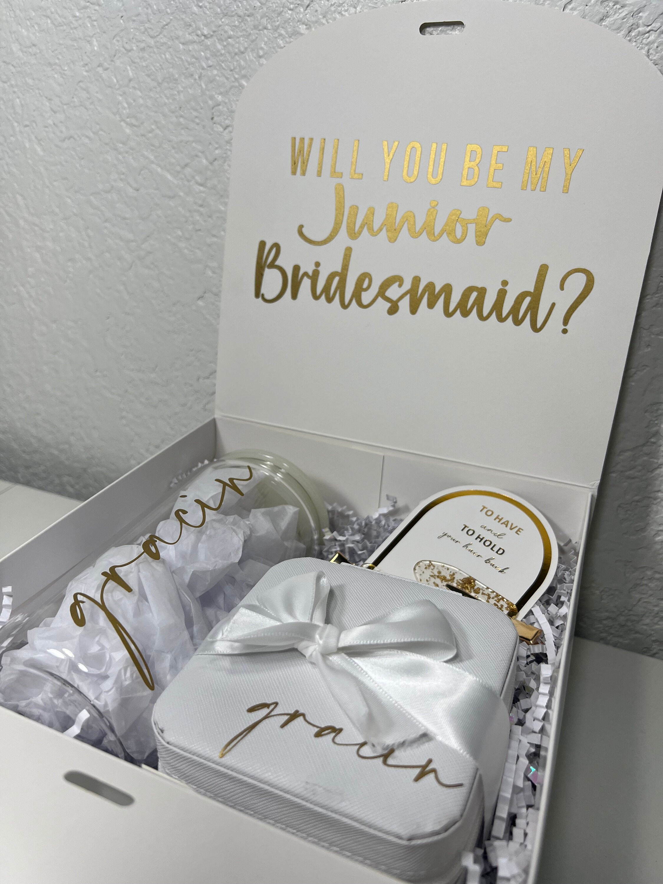 White & Gold Personalized Bridesmaid Box Bridesmaid Tumbler to Have and