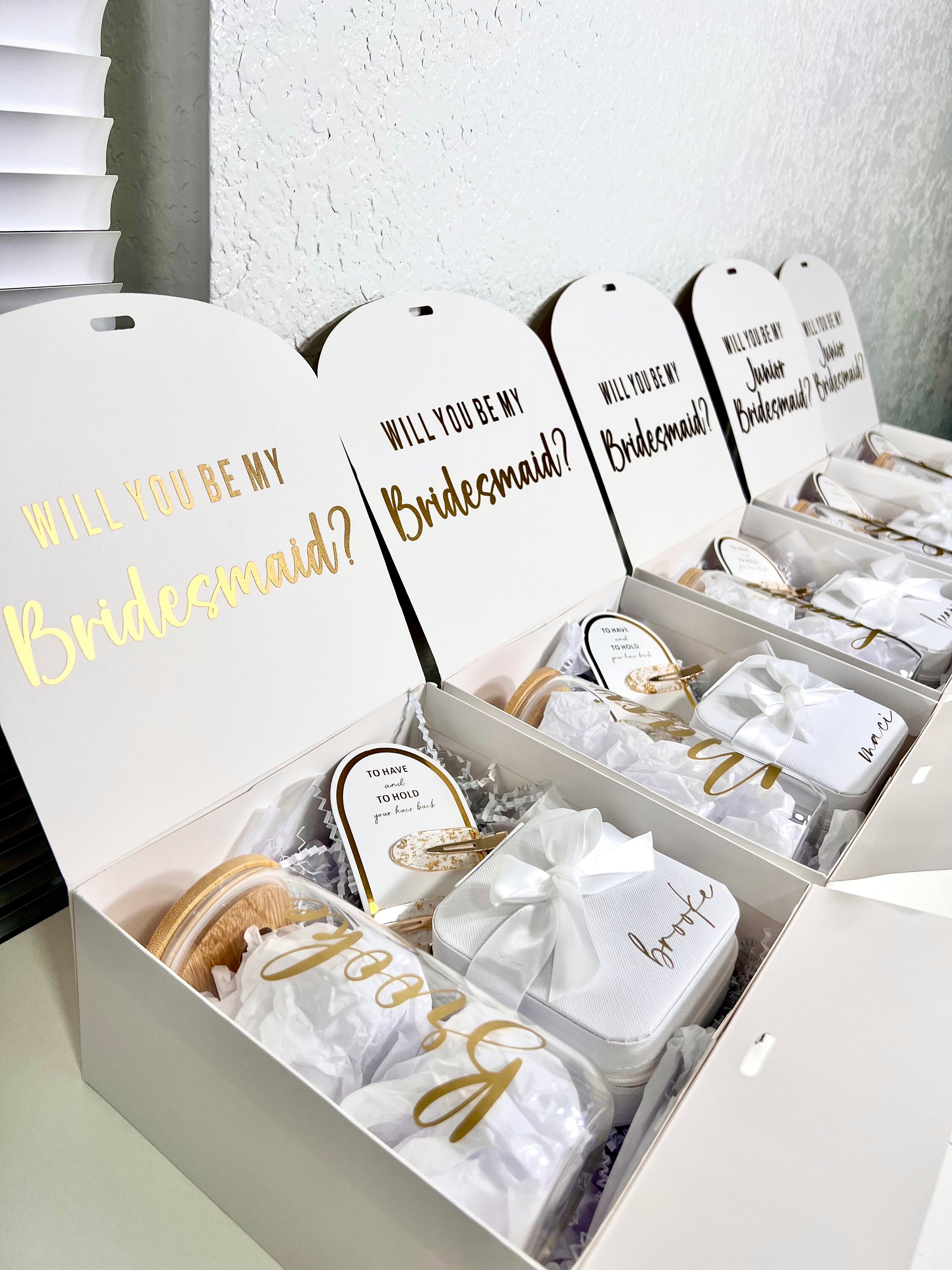 White & Gold Personalized Bridesmaid Box Bridesmaid Tumbler to Have and
