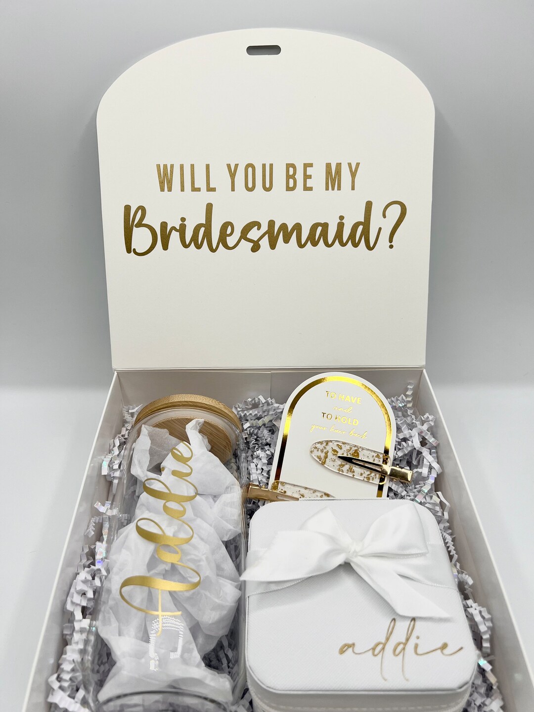White & Gold Personalized Bridesmaid Box Bridesmaid Tumbler to Have and