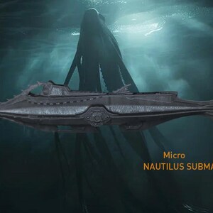 May include: A gray, detailed model of a submarine with a sharp, pointed nose and a large, round window. The submarine is submerged in dark blue water with a shadowy figure in the background. The text "Micro NAUTILUS SUBMARINE" is visible in the lower right corner of the image.