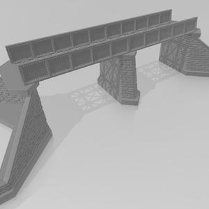 May include: A gray metal bridge with stone supports. The bridge is made of metal beams and has a series of cross beams.
