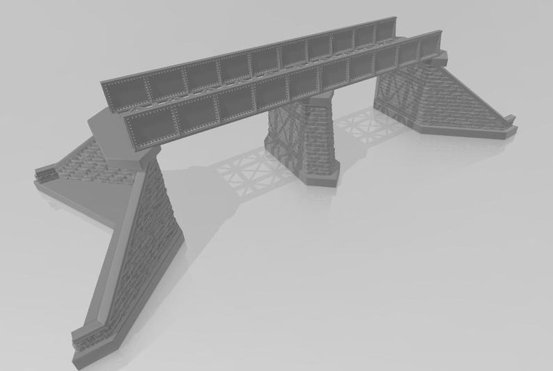 May include: A gray metal bridge with stone supports. The bridge is made of metal beams and has a series of cross beams.