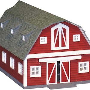 May include: A red barn model with a grey roof, white trim, and a large double door. The barn has several windows and a small loft area.