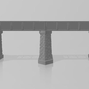May include: A gray model train bridge with three pillars and stone abutments. The bridge is made of plastic and is designed for use with model trains.