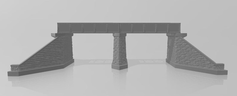 May include: A gray model train bridge with three pillars and stone abutments. The bridge is made of plastic and is designed for use with model trains.