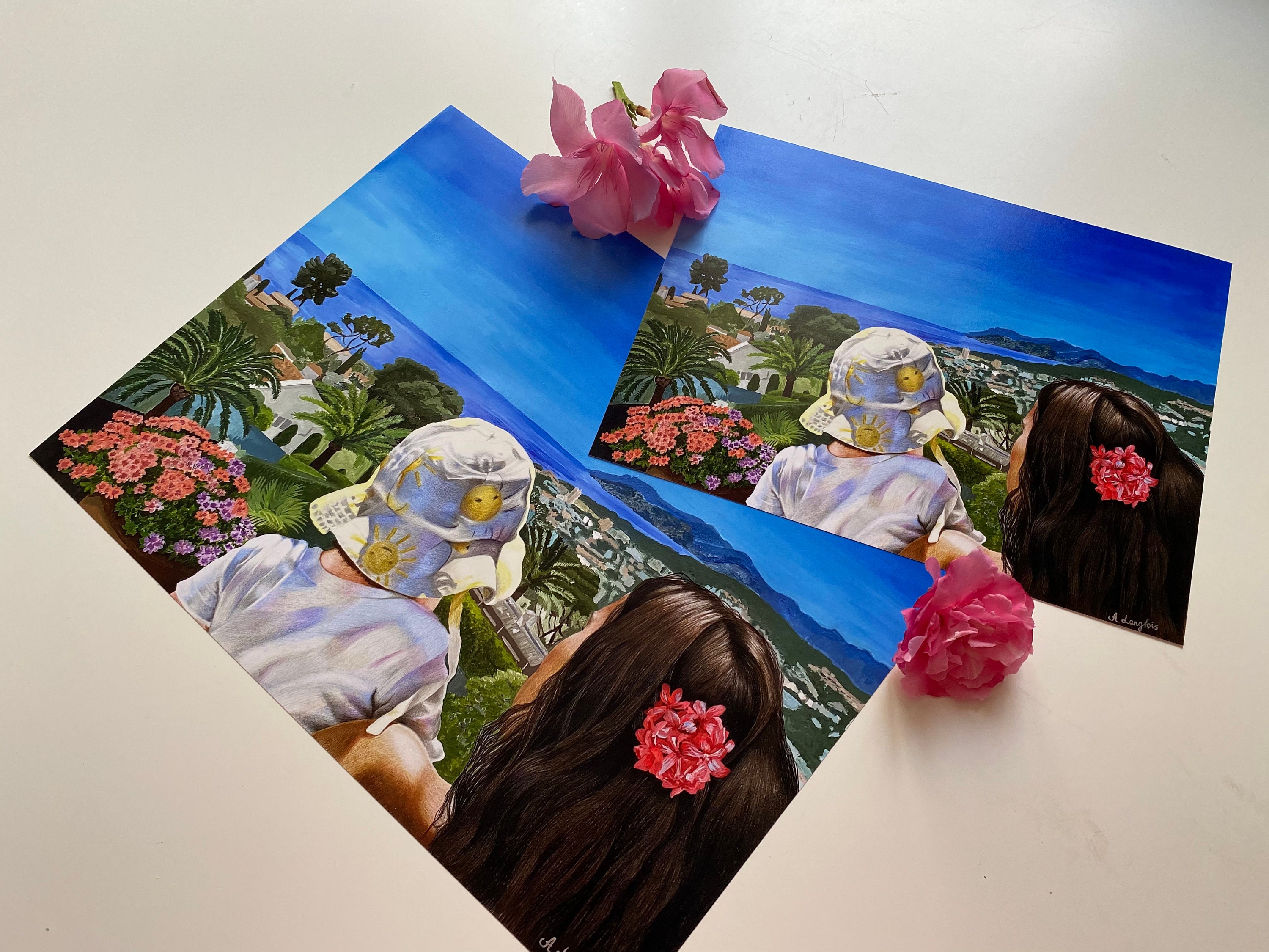 Mother & Daughter Art Print, Mother Child Mediterranean Seascape, Living Room Decor, Bedroom Wall Tr