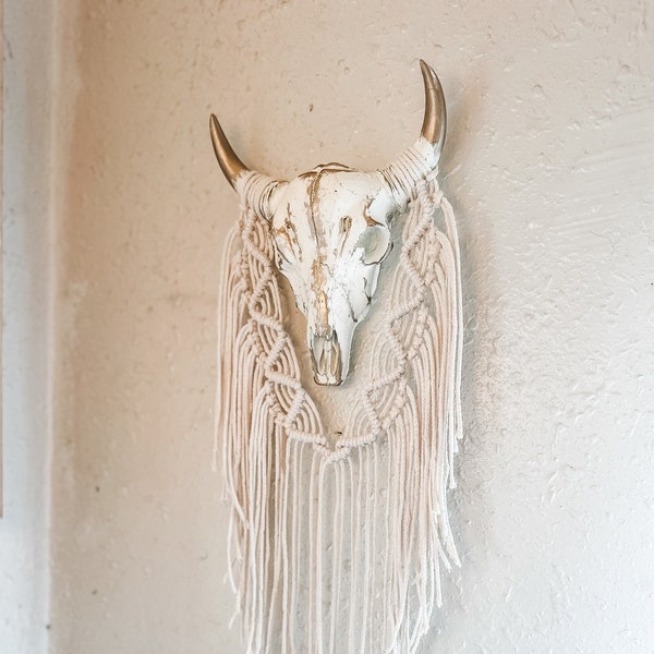 White and Gold Faux Cow Skull Macrame Art Wall Hanging Decor