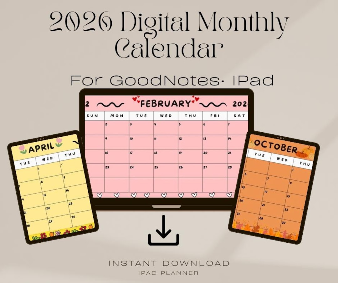 2026 Digital Monthly Calendar for Goodnotes - Etsy
