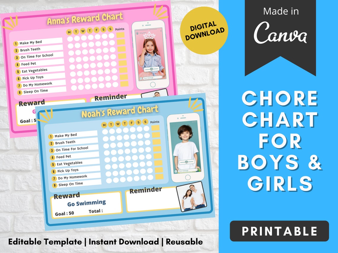 Chore Chart for Kids Printable Girl and Boy Reward Template | Etsy