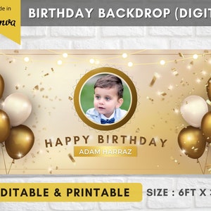 Happy Birthday Banner Personalized, Custom Banner, Gold Birthday Backdrop, Customizable Birthday Party Backdrop Template, Boy Photo Birthday