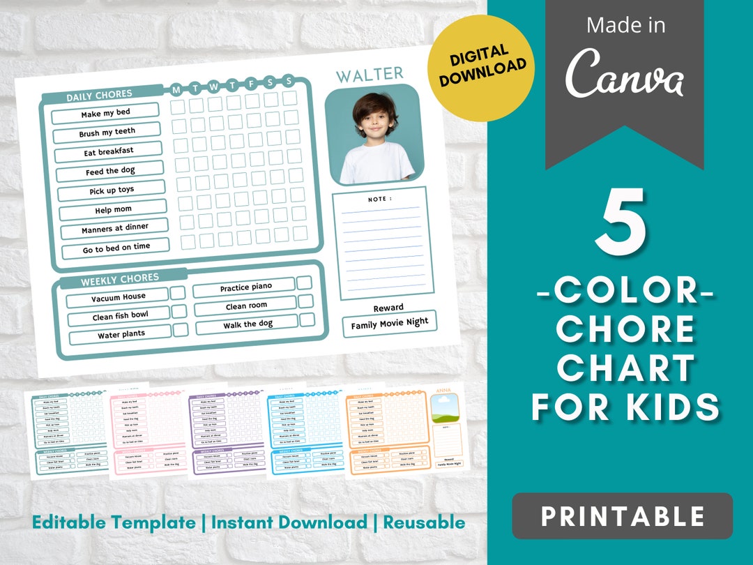 Chore chart for kids printable reward chart canva editable - Etsy México