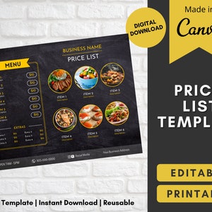 Preisliste Vorlage | kleinunternehmen preise editierbar in canva | Druckvorlage schwarze Liste Flyer |benutzerdefiniertes Menü | Restaurant Essen Preisliste