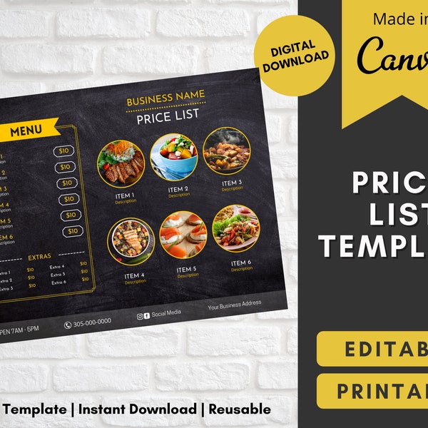 Price list template | small business pricing editable in canva | printable sheet black list flyer |custom menu | restaurant food price list