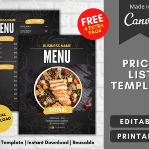 Preisliste Vorlage | kleinunternehmen preise editierbar in canva | Druckvorlage schwarze Liste Flyer |benutzerdefiniertes Menü | Restaurant Essen Preisliste