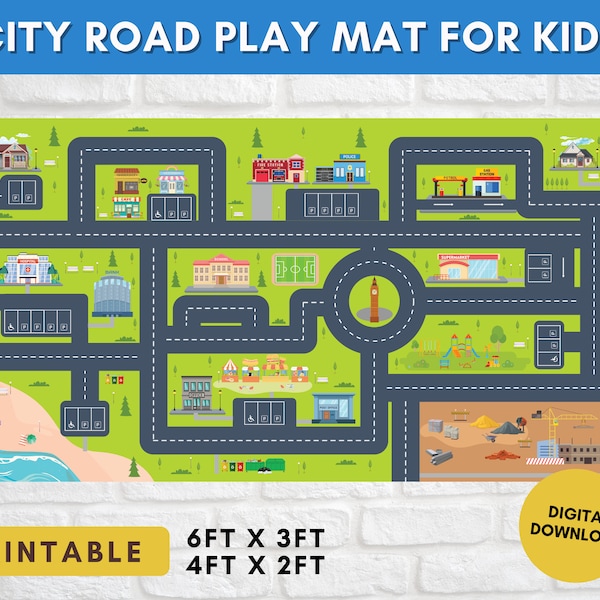 kids city town roads map car play mat printable set rug in digital | Play mat layout design | printable road track mat for kids