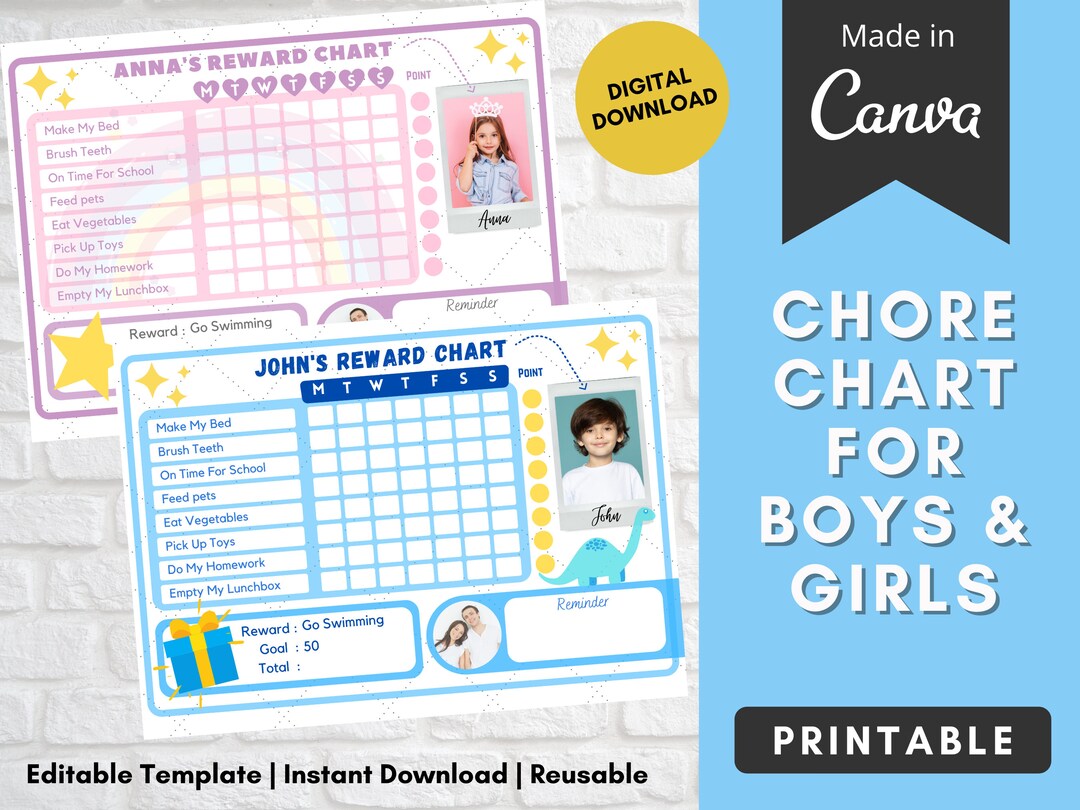Chore Chart for Kids Printable Girl Chore Reward Template Canva ...