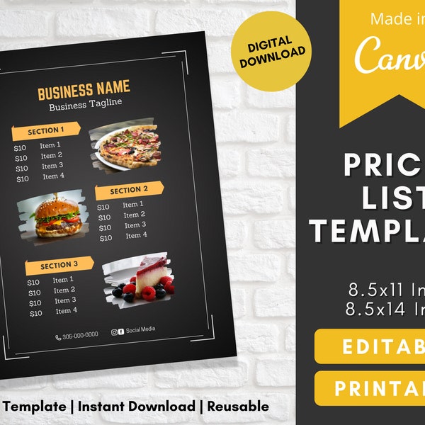Price list template | small business pricing editable in canva | printable sheet black list flyer |custom menu | restaurant food price list