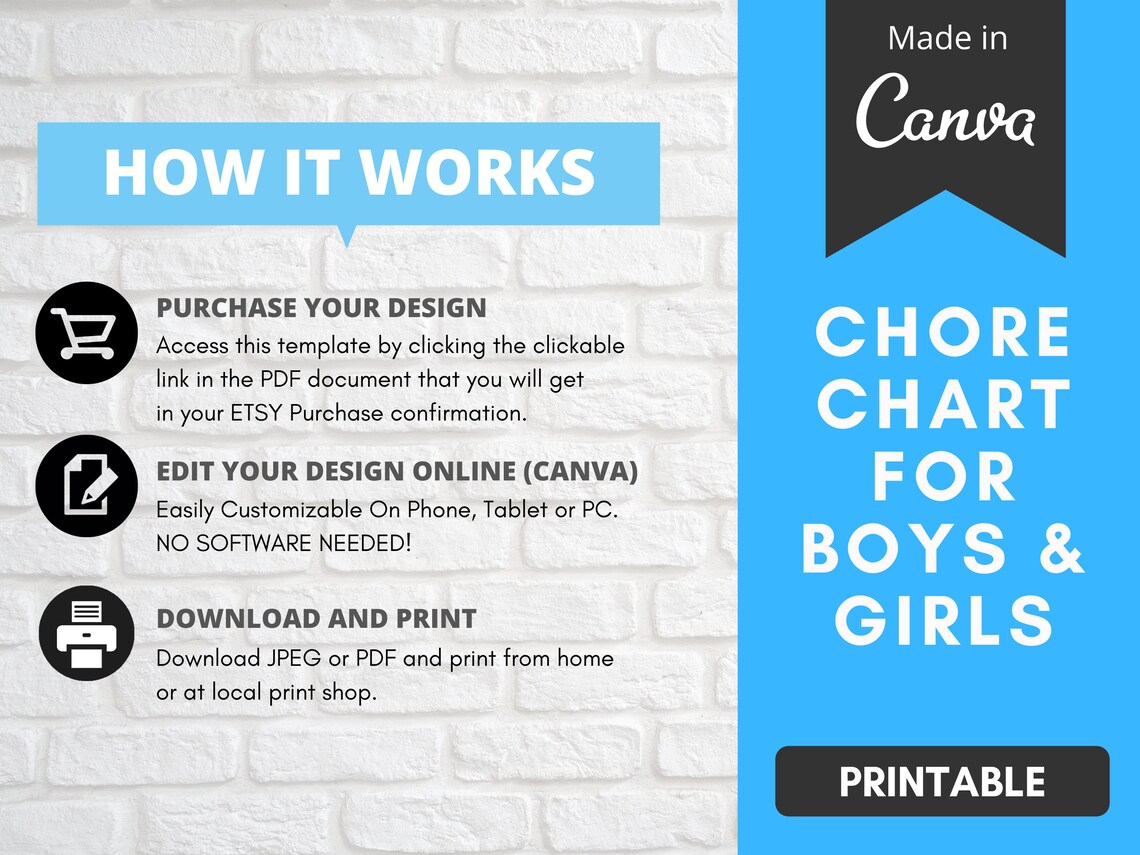 Chore Chart for Kids Printable Girl and Boy Reward Template | Etsy