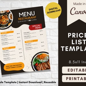 Preisliste Vorlage | kleinunternehmen preise editierbar in canva | Druckvorlage schwarze Liste Flyer |benutzerdefiniertes Menü | Restaurant Essen Preisliste