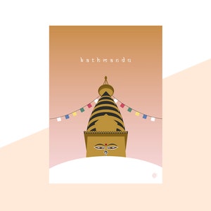 May include: A stylised illustration of a golden stupa with black stripes and a red dot on the forehead, surrounded by colourful prayer flags against a pink and orange background. The text "kathmandu" is written in white at the top of the image.