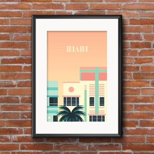 Miami Art Deco Minimalist Travel Poster Graphic Design Illustration Wall Art Print Matte Poster Colourful Ink Home Decor Gift image 3