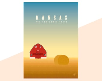Kansas Travel Poster: Minimalist Barn & Wheat Field Art Print