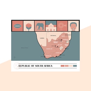 Zuid-Afrika minimalistische reiskaart poster grafisch ontwerp illustratie muurkunst print matte poster kleurrijke inkt woondecoratie cadeau