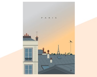May include: A digital illustration of a Parisian cityscape with the Eiffel Tower in the distance. The illustration features a building with a window and a balcony, and the text "PARIS" at the top.
