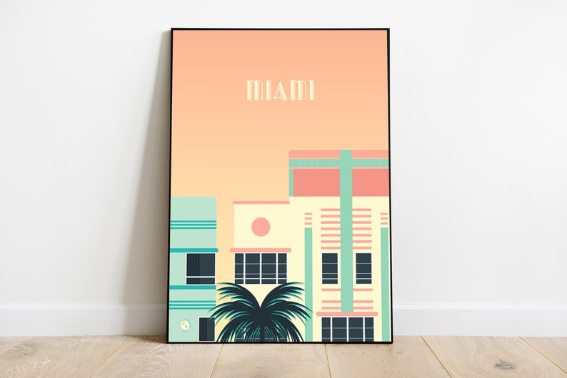 Miami Art Deco Minimalist Travel Poster Graphic Design Illustration Wall Art Print Matte Poster Colourful Ink Home Decor Gift image 4