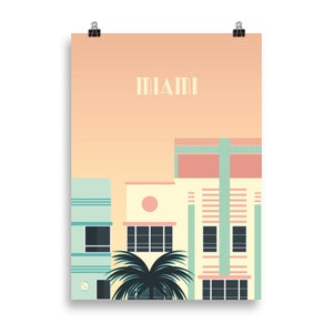 Miami Art Deco Minimalist Travel Poster Graphic Design Illustration Wall Art Print Matte Poster Colourful Ink Home Decor Gift