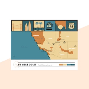 Amerikaanse westkust minimalistische reiskaart poster grafisch ontwerp illustratie muurkunst print matte poster kleurrijke inkt woondecoratie cadeau